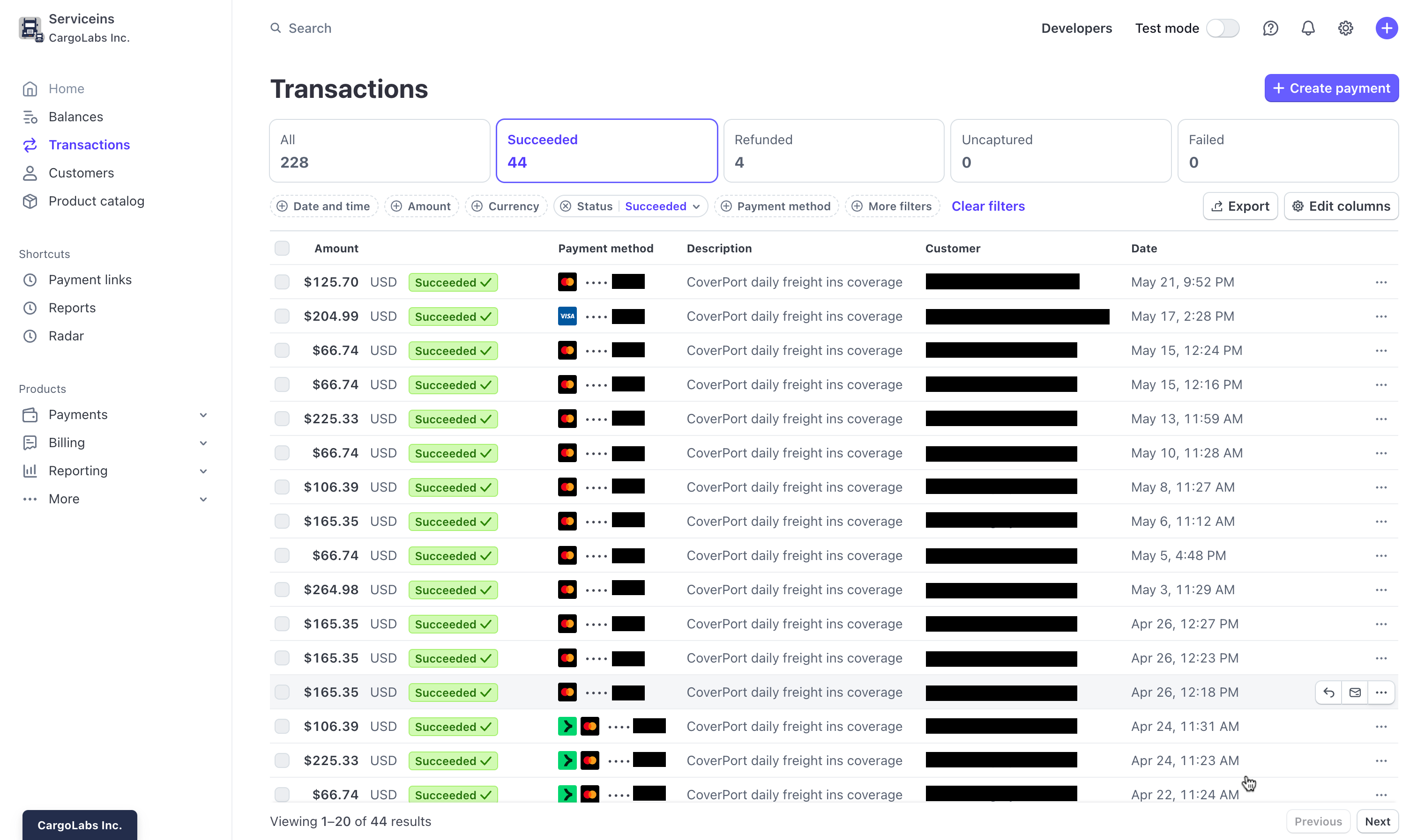Stripe payouts dashboard for a retail agency on CargoLabs